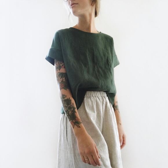 FOUND PATH Linen Market Boxy Tee Womens Small Spruce Square Top Short Sleeve - Picture 5 of 14